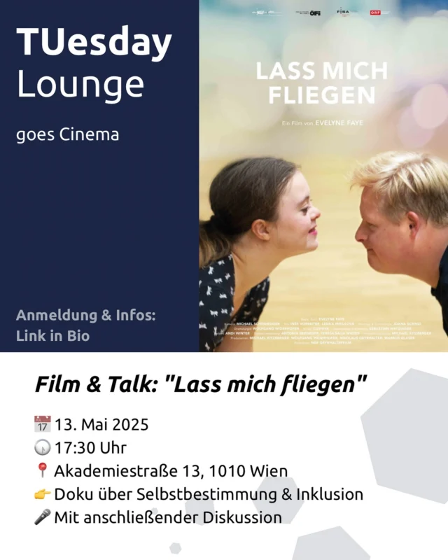 Kostenlos, eine Anmeldung ist jedoch erforderlich (link in bio🔗)

Der Dokumentarfilm „Lass mich fliegen“ von Evelyne Faye begleitet vier junge Menschen mit Down-Syndrom auf ihrem Weg zu Selbstbestimmung, Unabhängigkeit und gesellschaftlicher Teilhabe. Sie verfolgen klare Ziele – arbeiten, politisch mitgestalten, eine Familie gründen – und stoßen dabei immer wieder auf gesellschaftliche Barrieren und Vorurteile. Der Film eröffnet nicht nur Einblicke in individuelle Lebenswege, sondern wirft grundlegende Fragen zu Inklusion, Vielfalt und unserem Verständnis von Normalität auf. 

Im Anschluss an die Vorführung findet eine Diskussion mit der Filmemacherin Evelyne Faye, der Protagonistin Johanna Ortmayr (Tänzerin und Tanzassistentin) und Univ.-Prof. Germain Weber (Ehrenpräsident der Lebenshilfe Österreich) statt. Gemeinsam wird über Wege zu einer inklusiveren Gesellschaft gesprochen: Welche strukturellen Barrieren prägen unseren Alltag? Wie können Bildungs- und Sozialräume so gestaltet werden, dass sie für alle Menschen zugänglich sind? Und welche Rolle spielen dabei Kultur und Wissenschaft?