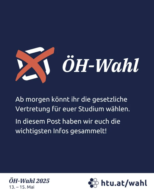 ☑️ Infos zur ÖH-Wahl diese Woche ☑️

Morgen in der Früh haben wir noch eine Überraschung für dich... es gibt Goodies fürs Wählen! Stay tuned 😉

Du kannst alle Informationen auch auf unserer Website finden: htu.at/wahl