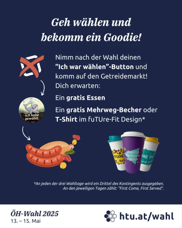 🥤 Es gibt GOODIES! 🌭
Geh einfach an der TU Wien wählen, nimm deinen "Ich war wählen"-Button und komm zum Getreidemarkt. Es warten auf dich köstliche Grillspezialitäten und hochwertiger fuTUre-Fit Merch!